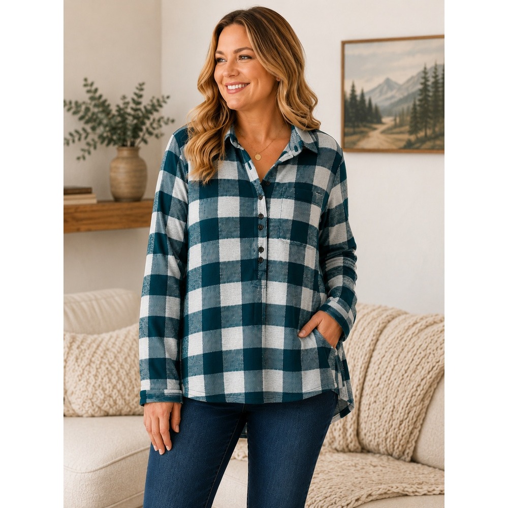 Soft Surroundings Tunic Blouse Women XL Teal Plaid Excellent Buffalo‎ Check Knit